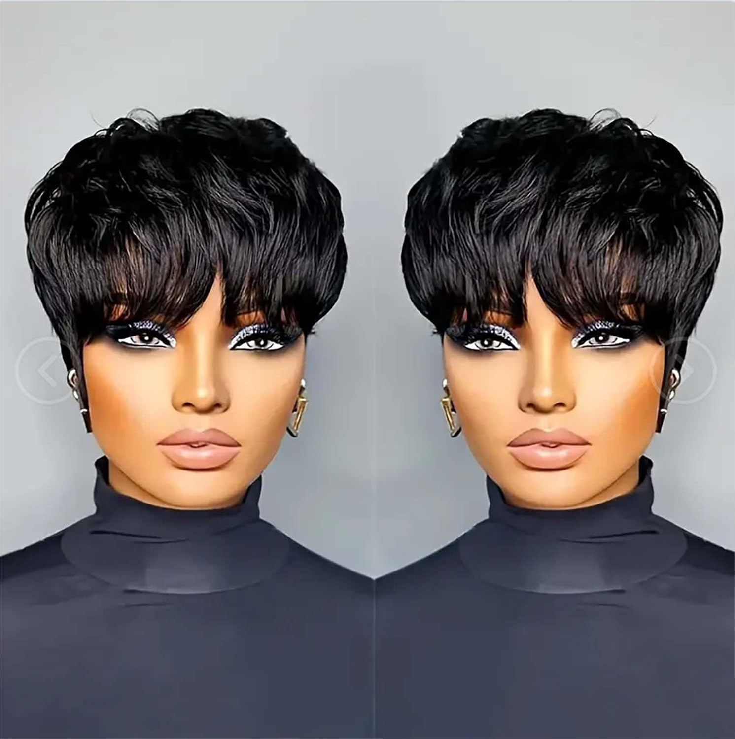 Flandi pixie cut human hair wig front view showing short layered straight black style with flat bangs.