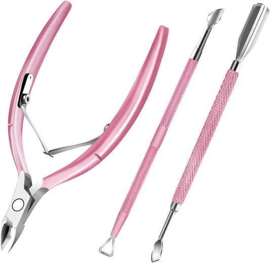 Decute pink professional cuticle trimmer and pusher set front view