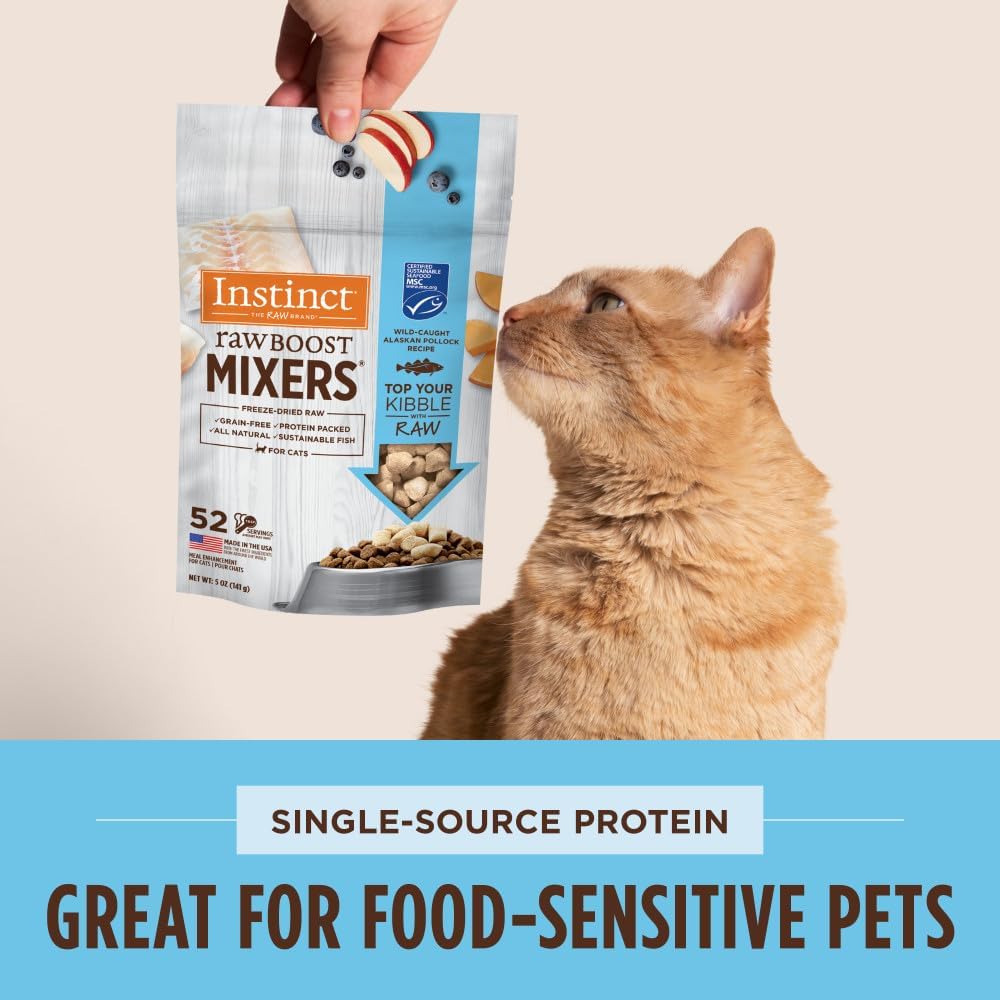 Instinct pet food raw boost mixers fish recipe for adult cats.