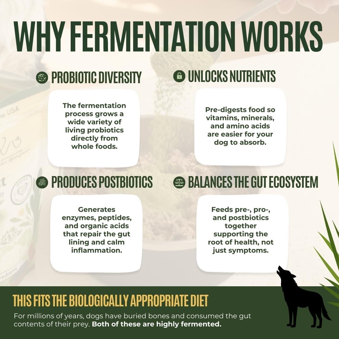 Close up view of the small batch fermented organic formula for pet wellness.