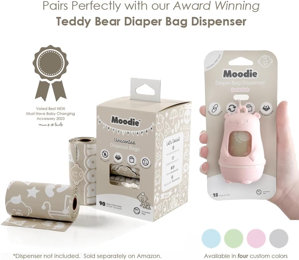 Moodie Teddy Bear Diaper Bag Dispenser next to included unscented refill roll