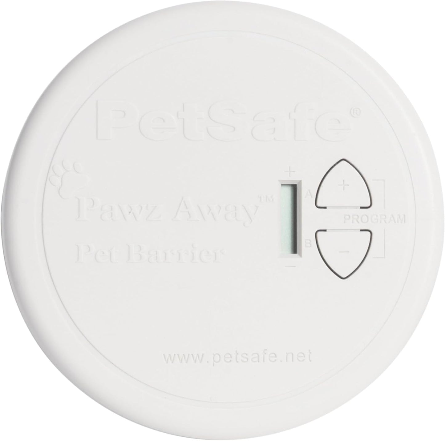 PetSafe Pawz Away Indoor Wireless Pet Barrier Transmitter front view for indoor pet proofing.