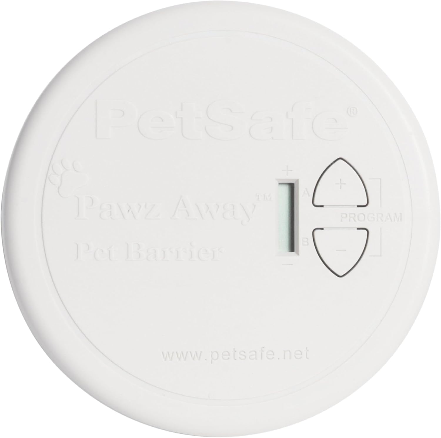 PetSafe Pawz Away Indoor Wireless Pet Barrier Transmitter front view for indoor pet proofing.