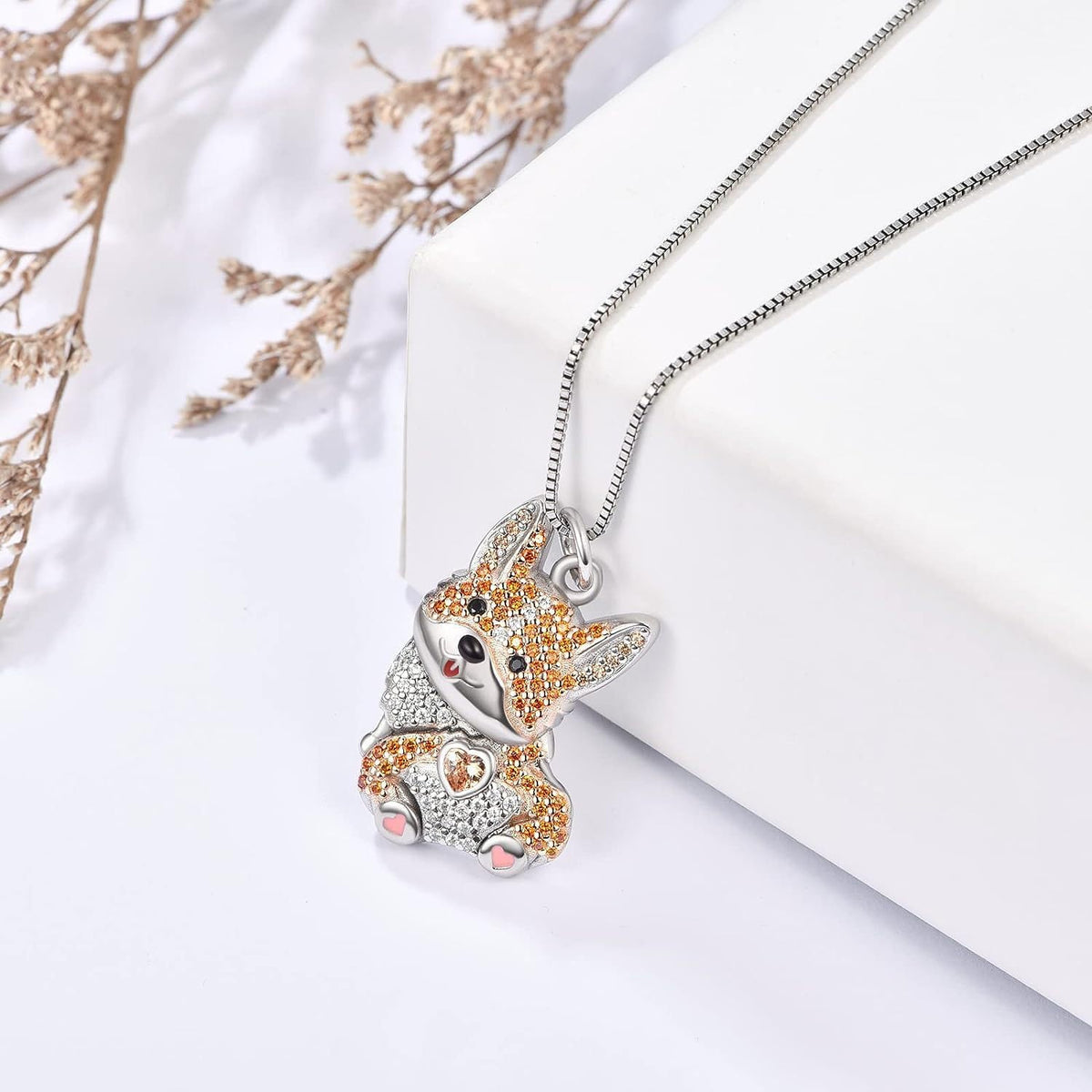 Hypoallergenic crystal corgi heart necklace for women close up