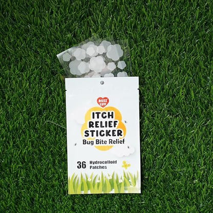 BUZZLUV itch relief patches showing natural aloe vera and witch hazel benefits