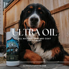 Back label of Ultra Oil liquid formula showing the detailed daily feeding dosage guide for dogs and cats by weight.