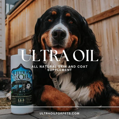 Back label of Ultra Oil liquid formula showing the detailed daily feeding dosage guide for dogs and cats by weight.