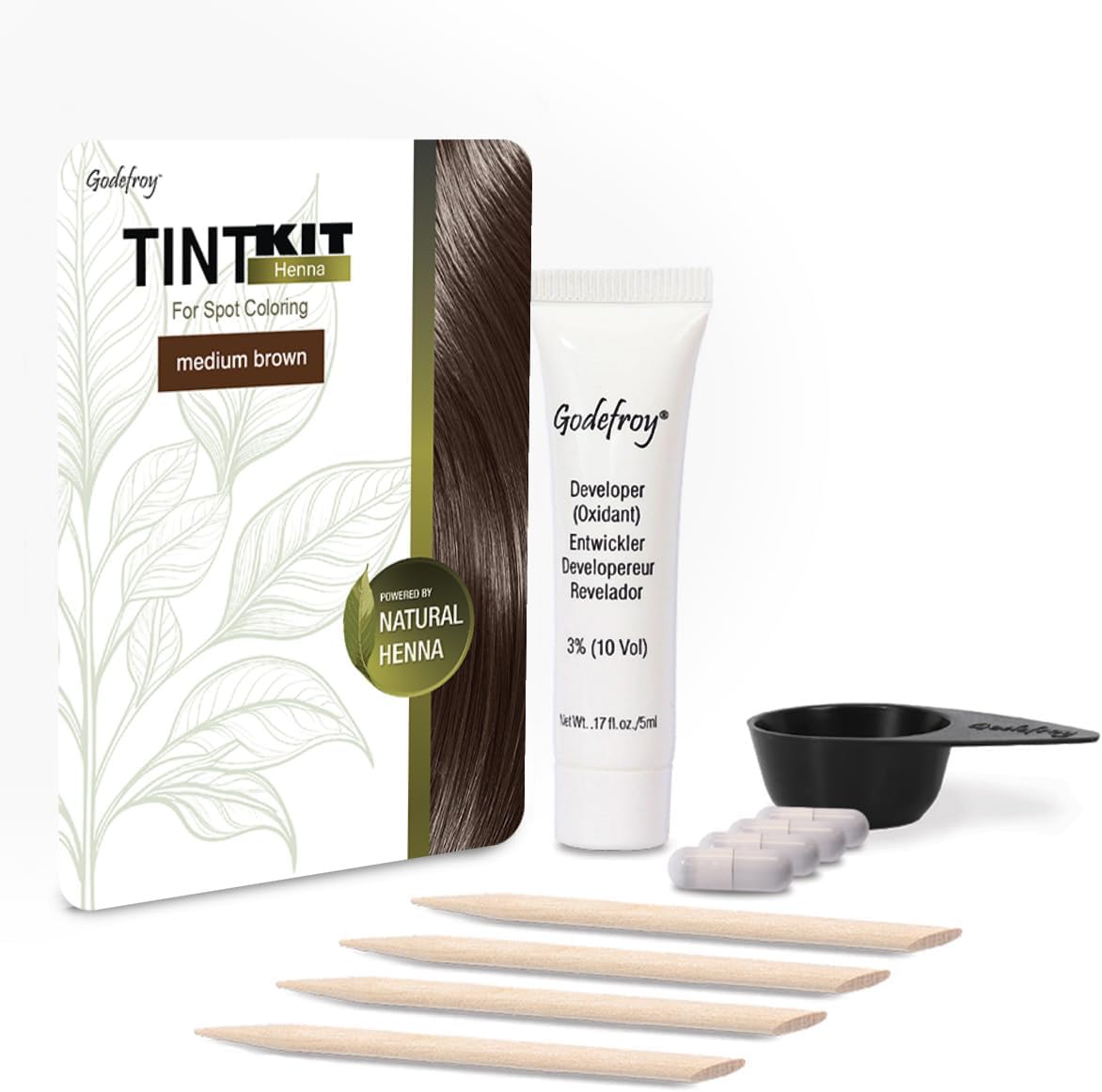 Godefroy Powered by Henna Tint Kit Medium Brown front view packaging for spot hair color