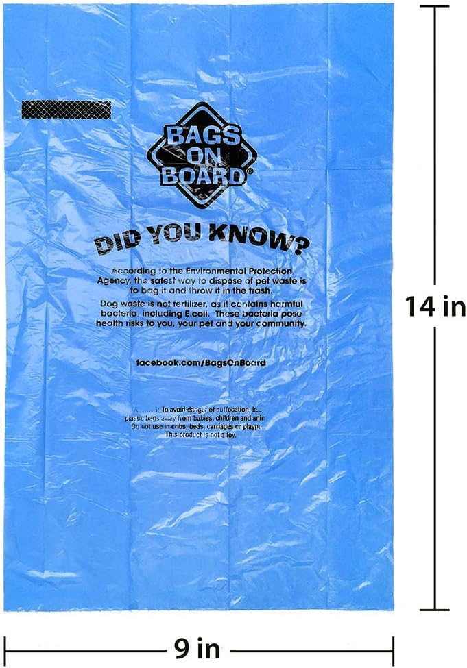 Bags on Board extra large dog poop bags roll dimensions view.