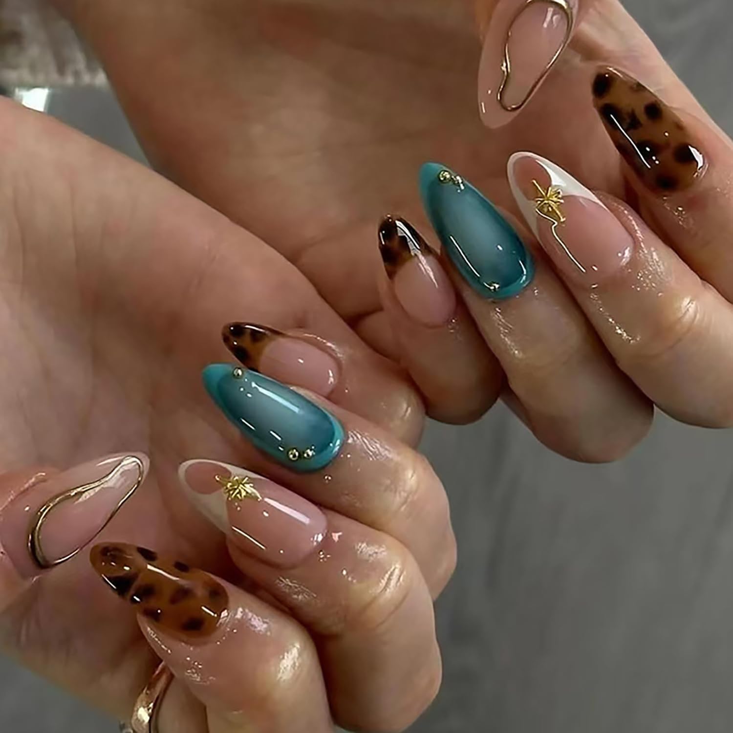 Ourytech Asabite almond brown leopard French tip press on nails set
