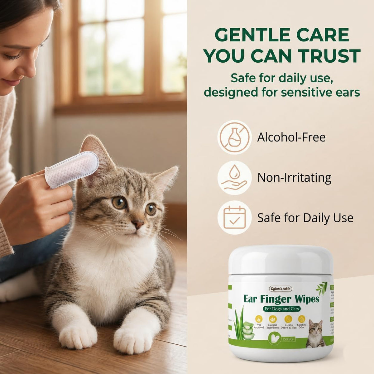 Dylan's cabin ear wipes jar next to a cat for scale
