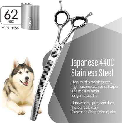 DRGSKL 7 inch pet thinning scissors showing rhinestone tension screw close up