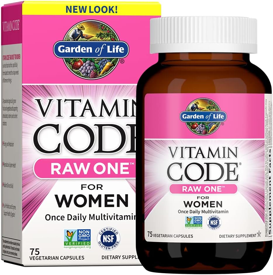 Garden of Life Vitamin Code Raw One for Women 75 capsules front view of product packaging showcasing whole food multivitamin benefits.