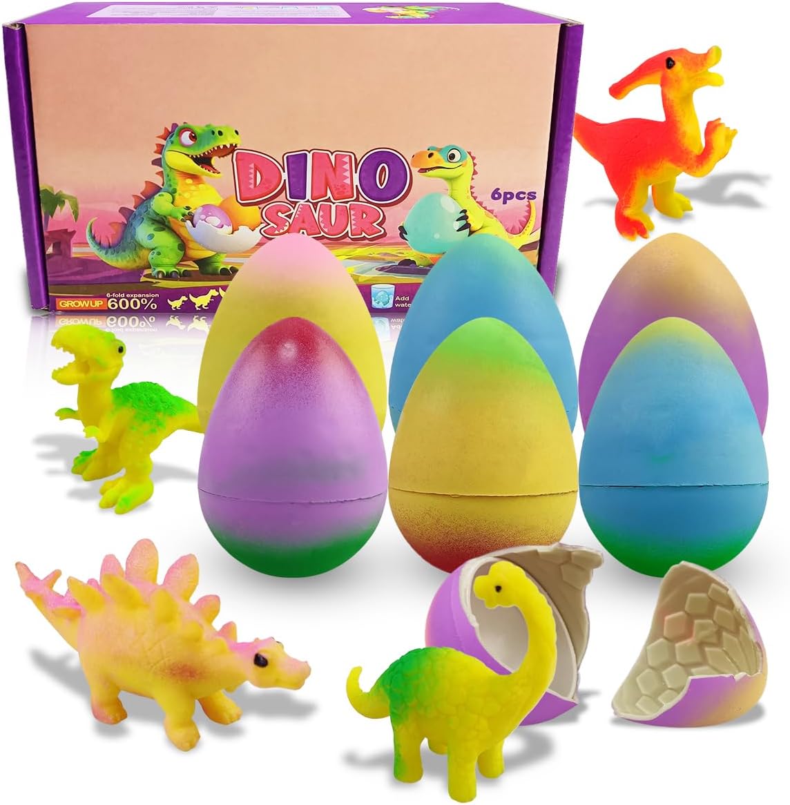 Yaxuan 6 pack dinosaur hatching surprise eggs front package view showing six colorful textured toy eggs.