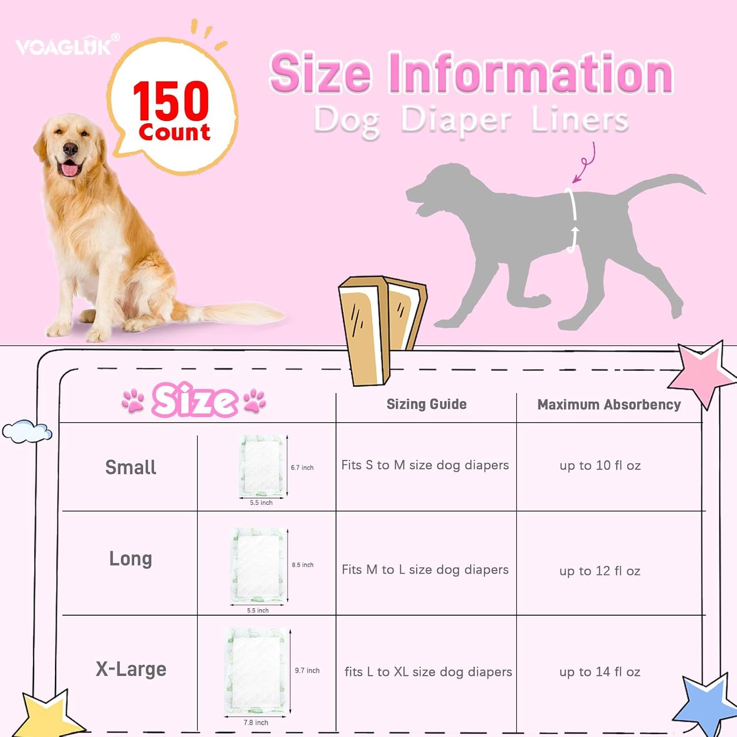 VoagLuk premium dog diaper inserts 150 pack for incontinence and travel support