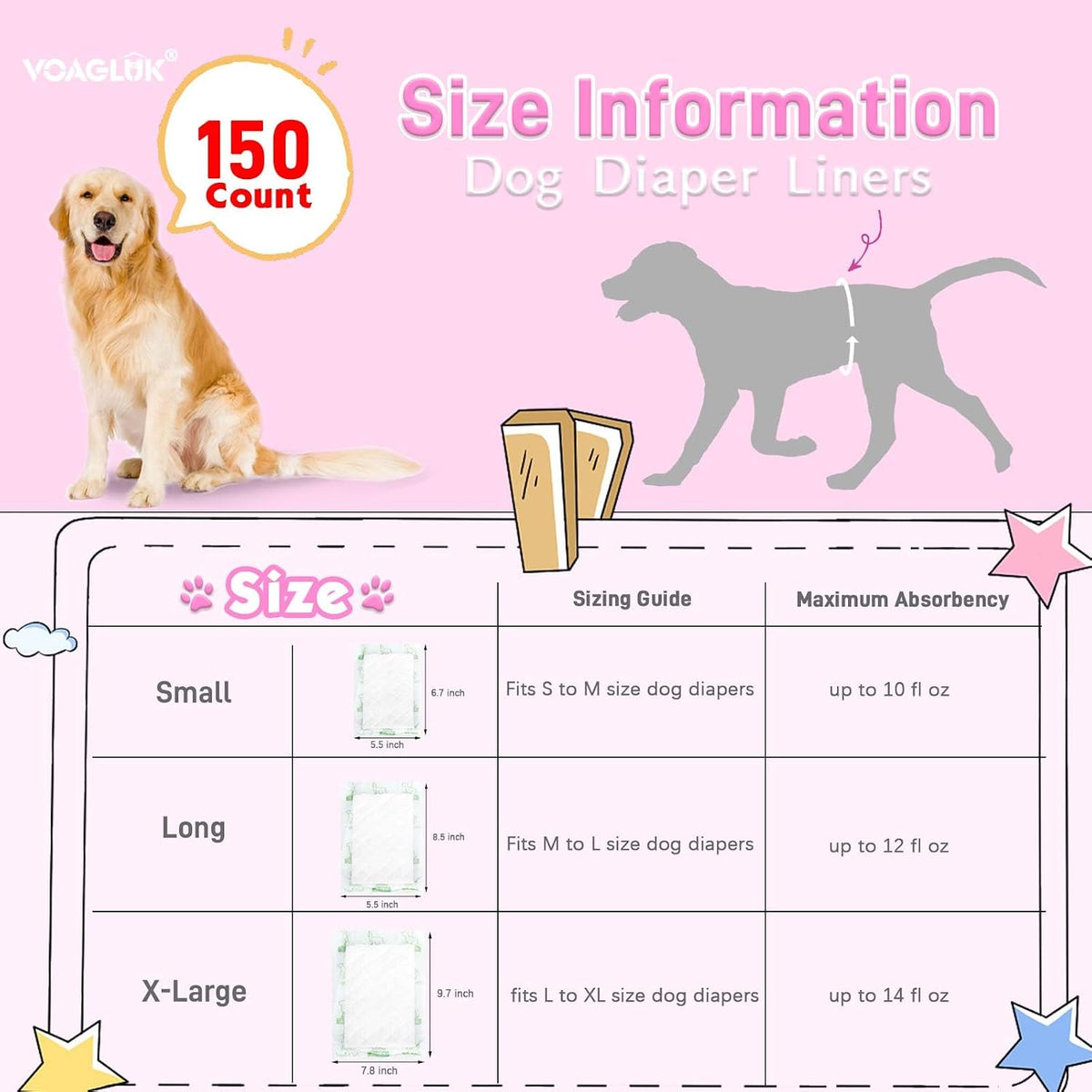 VoagLuk premium dog diaper inserts 150 pack for incontinence and travel support