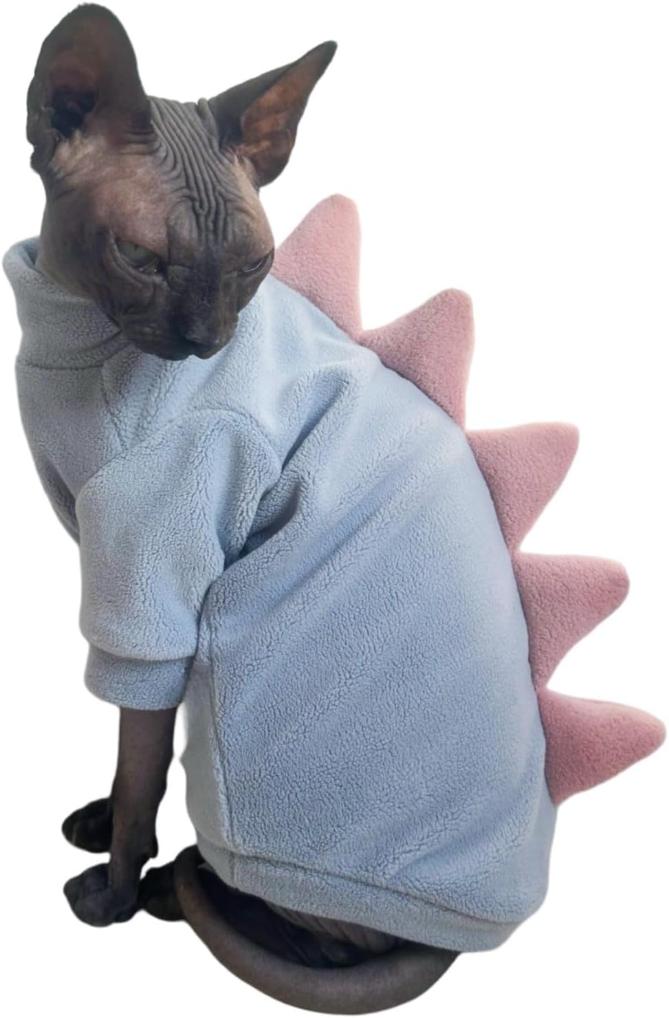Detailed shot of dinosaur spikes on back of cat sweater