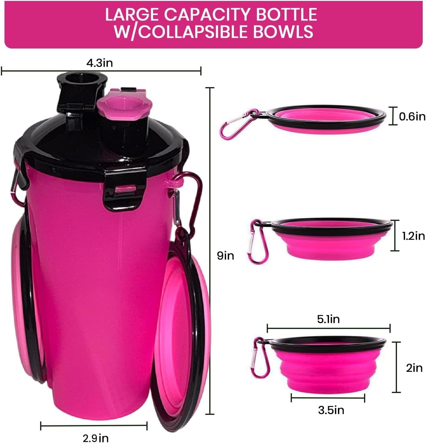 Two pink collapsible dog feeding bowls flattened with attached metal carabiner clips