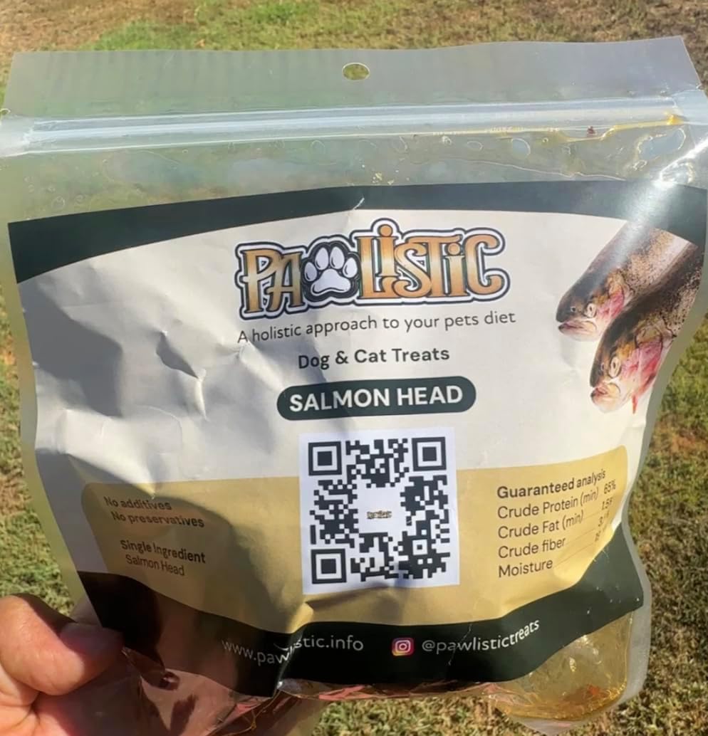 Close up of Pawlistic natural salmon head pet treat