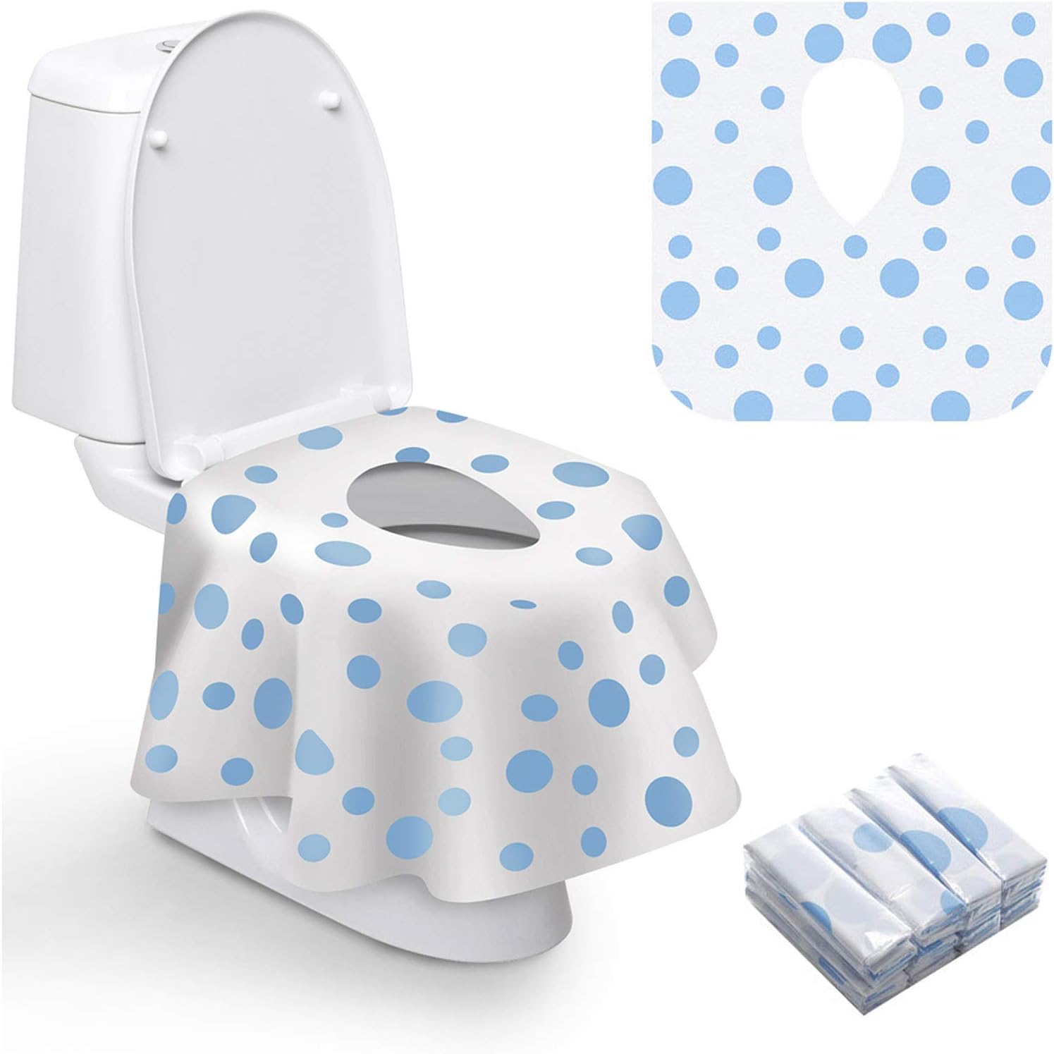 Famard Disposable Toilet Seat Covers pack front view showing blue dot pattern