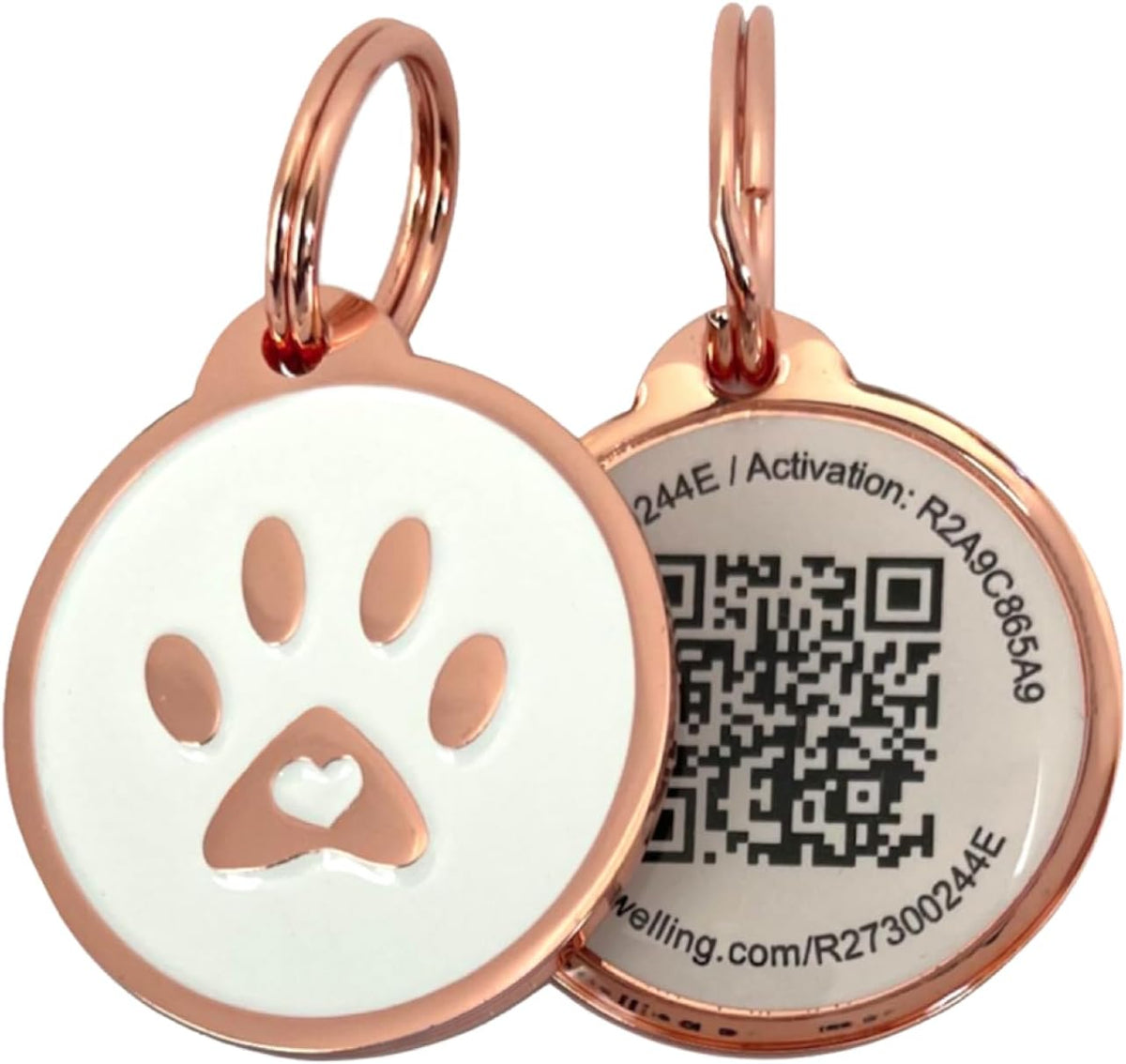 Smart dog tag displayed next to a smartphone showing a simulated real time location alert map.