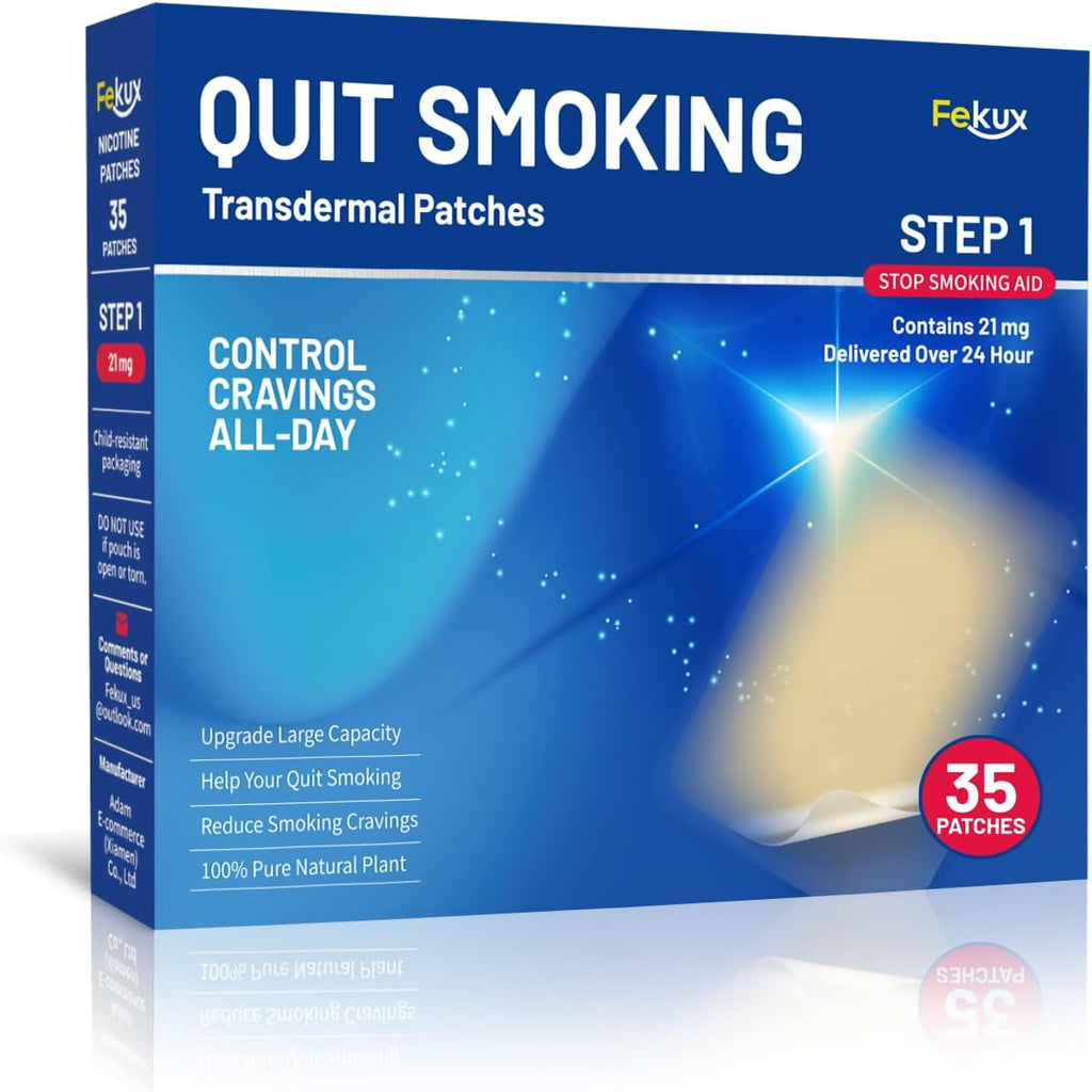 Fekux Quit Smoking Nicotine Patches Step 1 front packaging showing 21mg strength for smoking cessation.