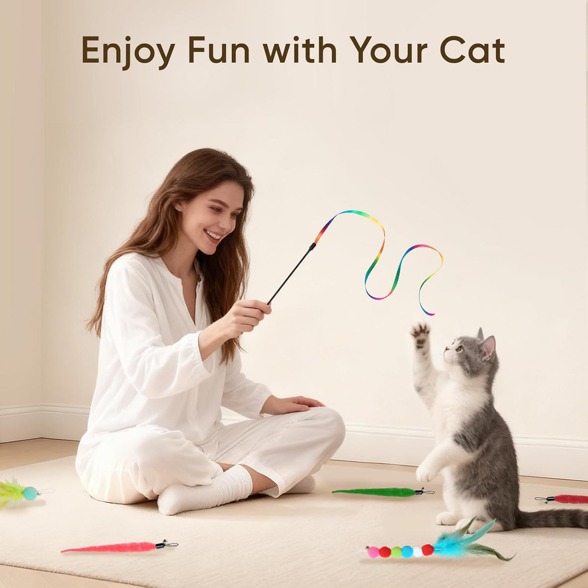 Full collection of YULOYI indoor kitten agility toys containing pom poms and bell teasers