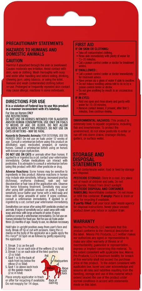 Manna Pro Pro-Force 50 horse fly repellent outer box close up with warnings and safety instructions