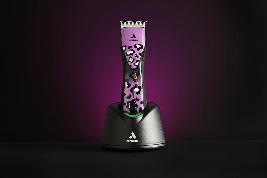 Andis professional dog grooming tool package with matching charging stand and adapter.