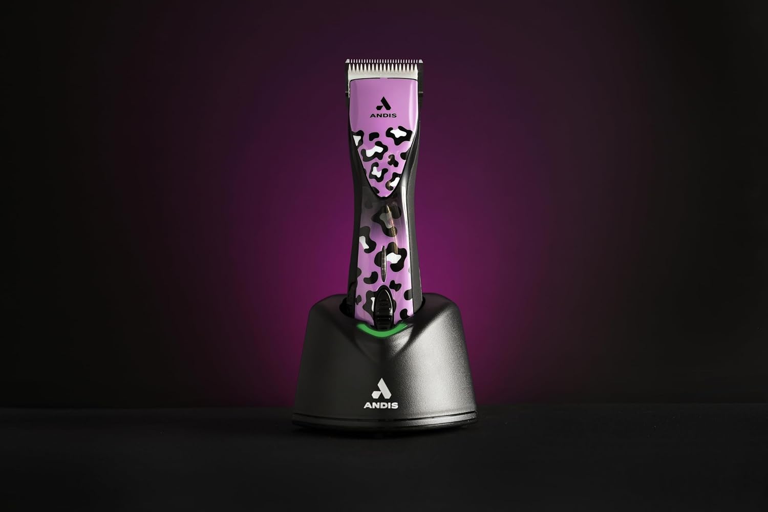 Andis professional dog grooming tool package with matching charging stand and adapter.