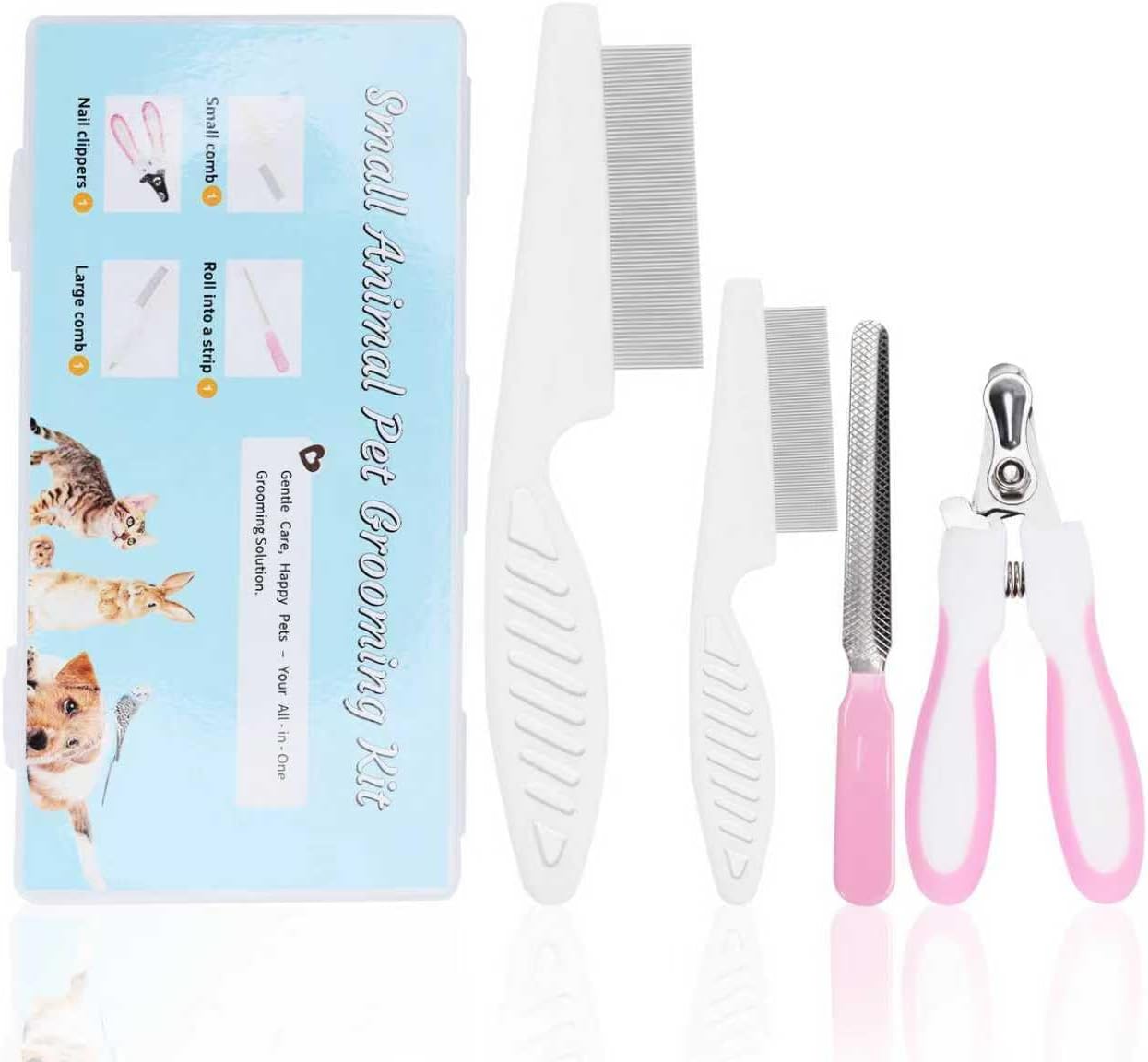 WOOPSOO small animal grooming kit front view featuring blue storage case and stainless steel combs for guinea pig coat care.