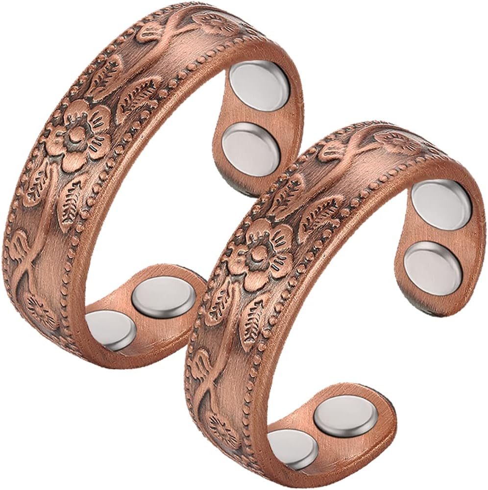 Vicmag Copper Magnetic Ring for Women front view with floral design
