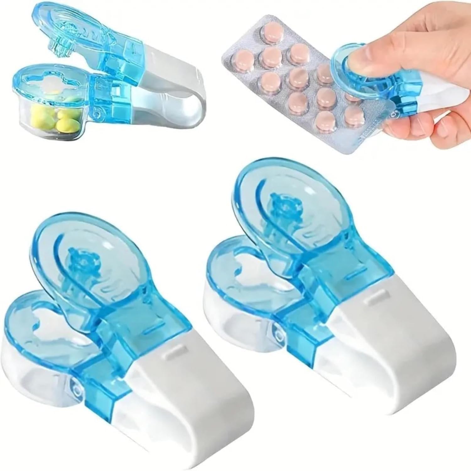 Cauaoa portable pill taker remover front view showing blue puncher mechanism and white storage compartment for touchless medicine retrieval.