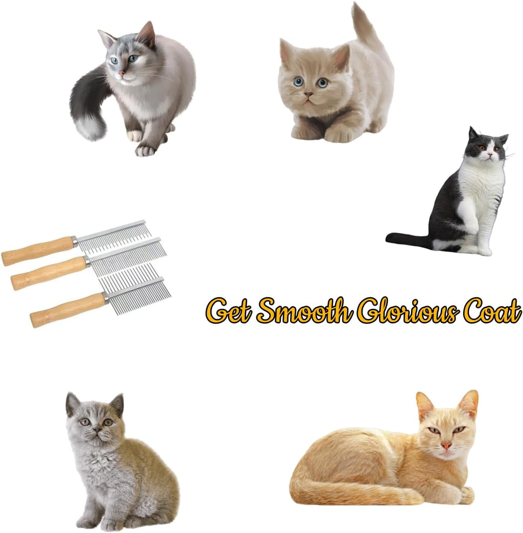Durable metal cat and dog dematting comb set showcasing the ergonomic hardwood grip design