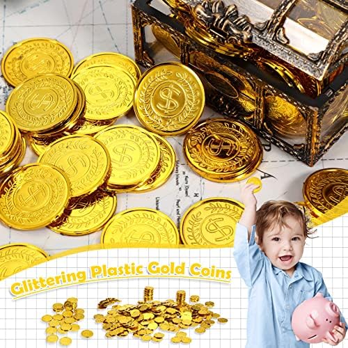 A wooden toy treasure chest filled to the brim with Hanaive plastic gold coins for a kids scavenger hunt.