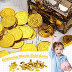 A wooden toy treasure chest filled to the brim with Hanaive plastic gold coins for a kids scavenger hunt.