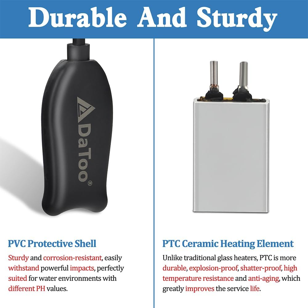 DaToo flat design aquarium heater compared to thumb size
