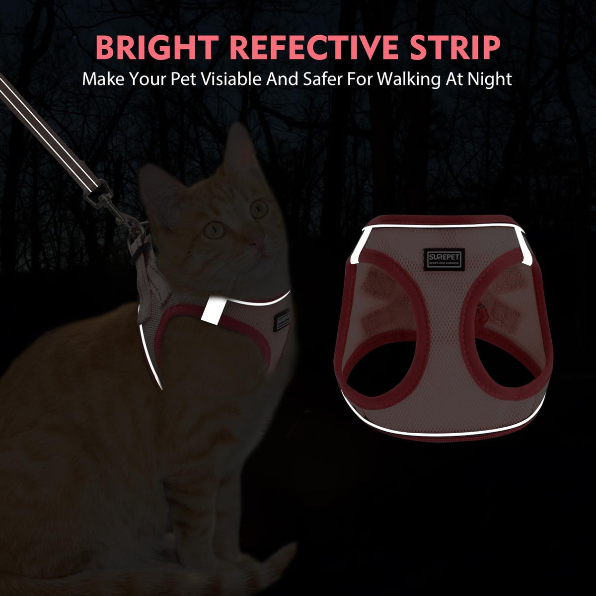 Purple medium cat harness with reflective safety strips for night walking