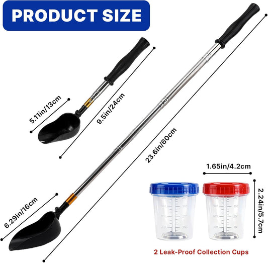 Adjustable pet pee stick with extendable handle being used for dog urine sample collection.