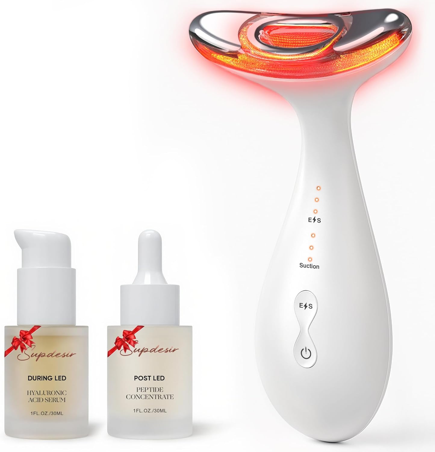 SUPDESIR 3-in-1 Aurora Red Light Face and Neck Beauty Massager front view showing the white ergonomic curved head