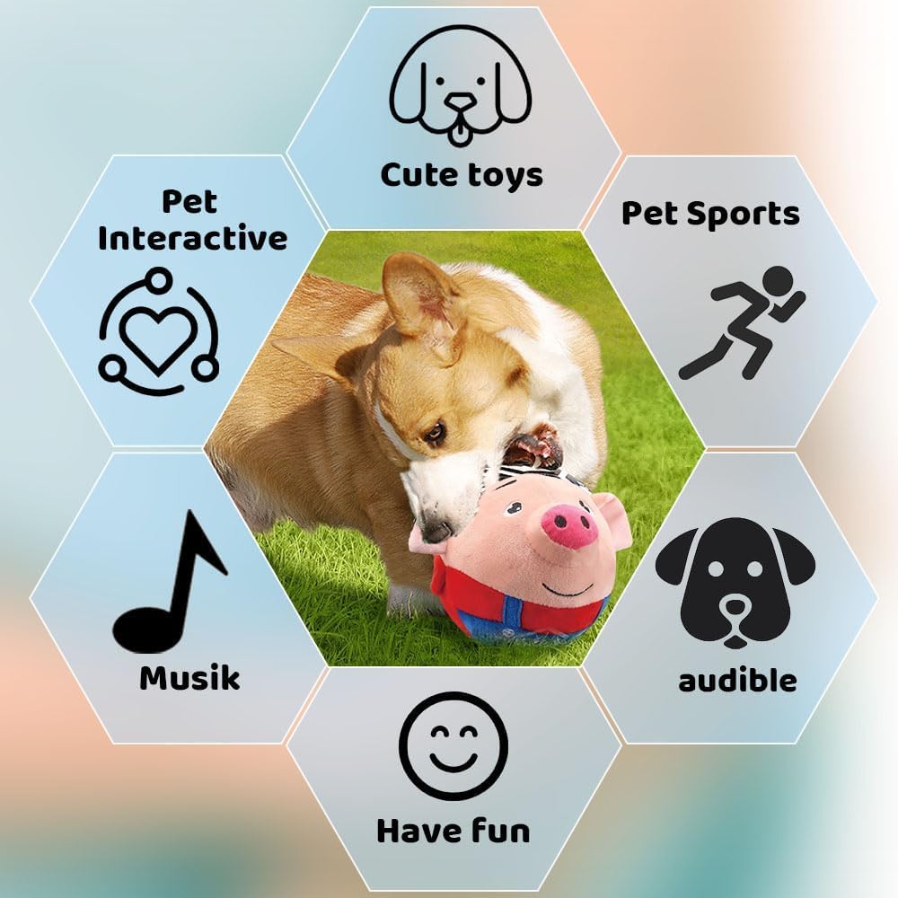 Side view of Geojec interactive moving plush toy for dogs