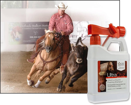 UltraCruz biodegradable horse foaming wash with travel applicator tool attached.