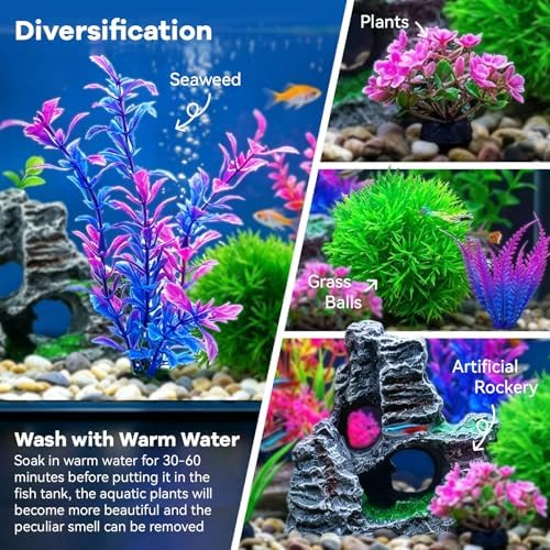 Different heights of realistic KUTKUT plastic plants arranged for deep fish tank layout