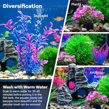 Different heights of realistic KUTKUT plastic plants arranged for deep fish tank layout