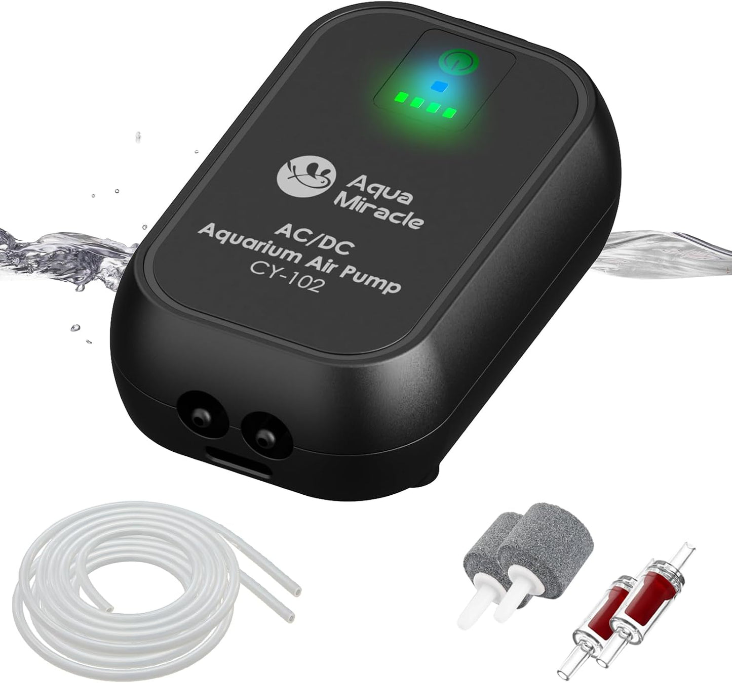 AquaMiracle portable fishing pump displayed with USB charging cable