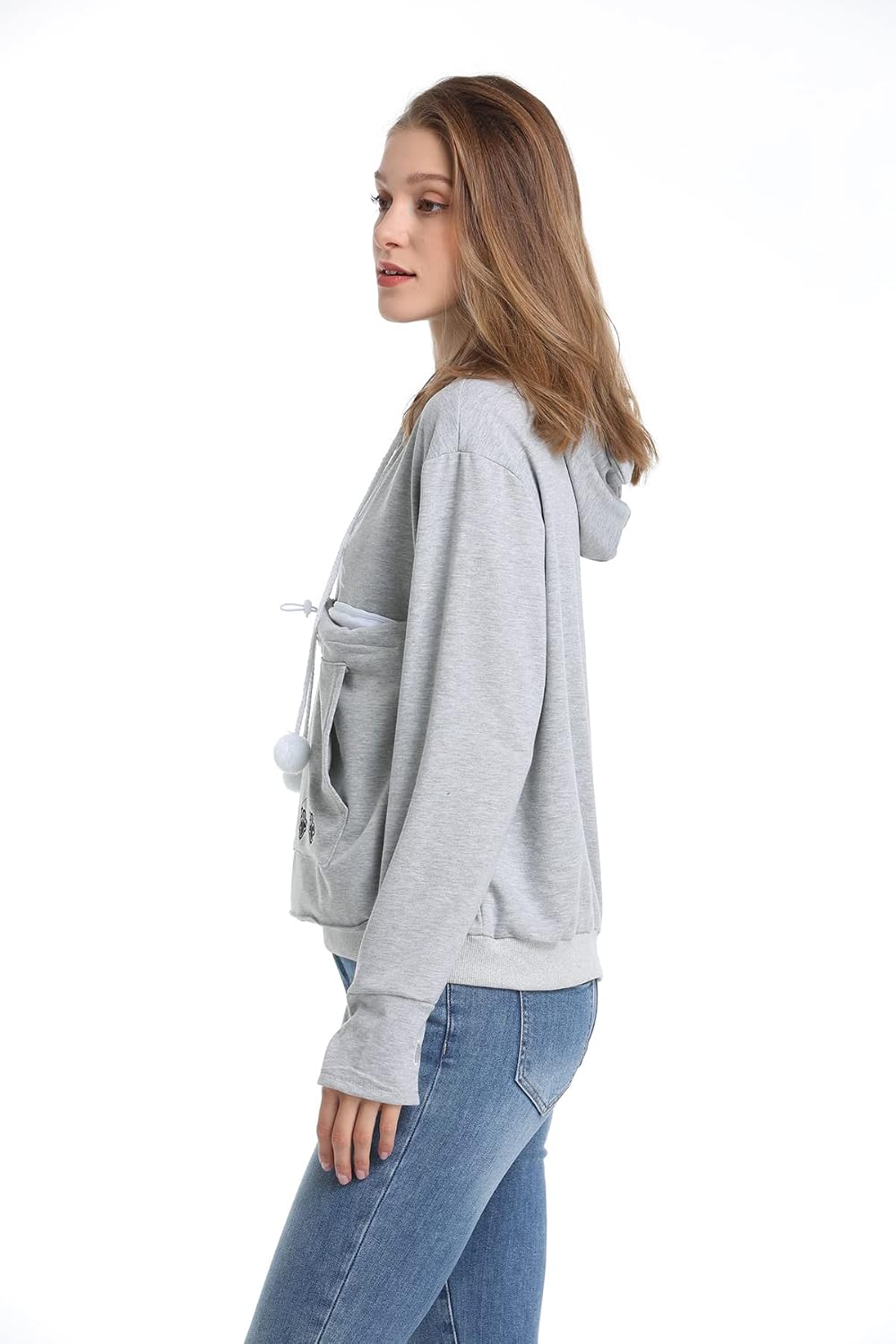 LINYUCHEN dark grey pet carrier sweatshirt worn by a model holding a kitten