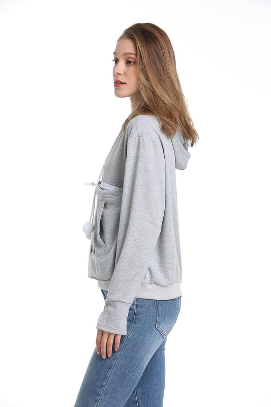 LINYUCHEN dark grey pet carrier sweatshirt worn by a model holding a kitten