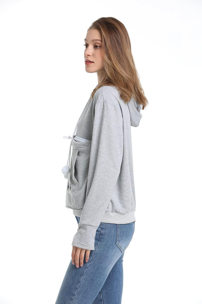 LINYUCHEN dark grey pet carrier sweatshirt worn by a model holding a kitten