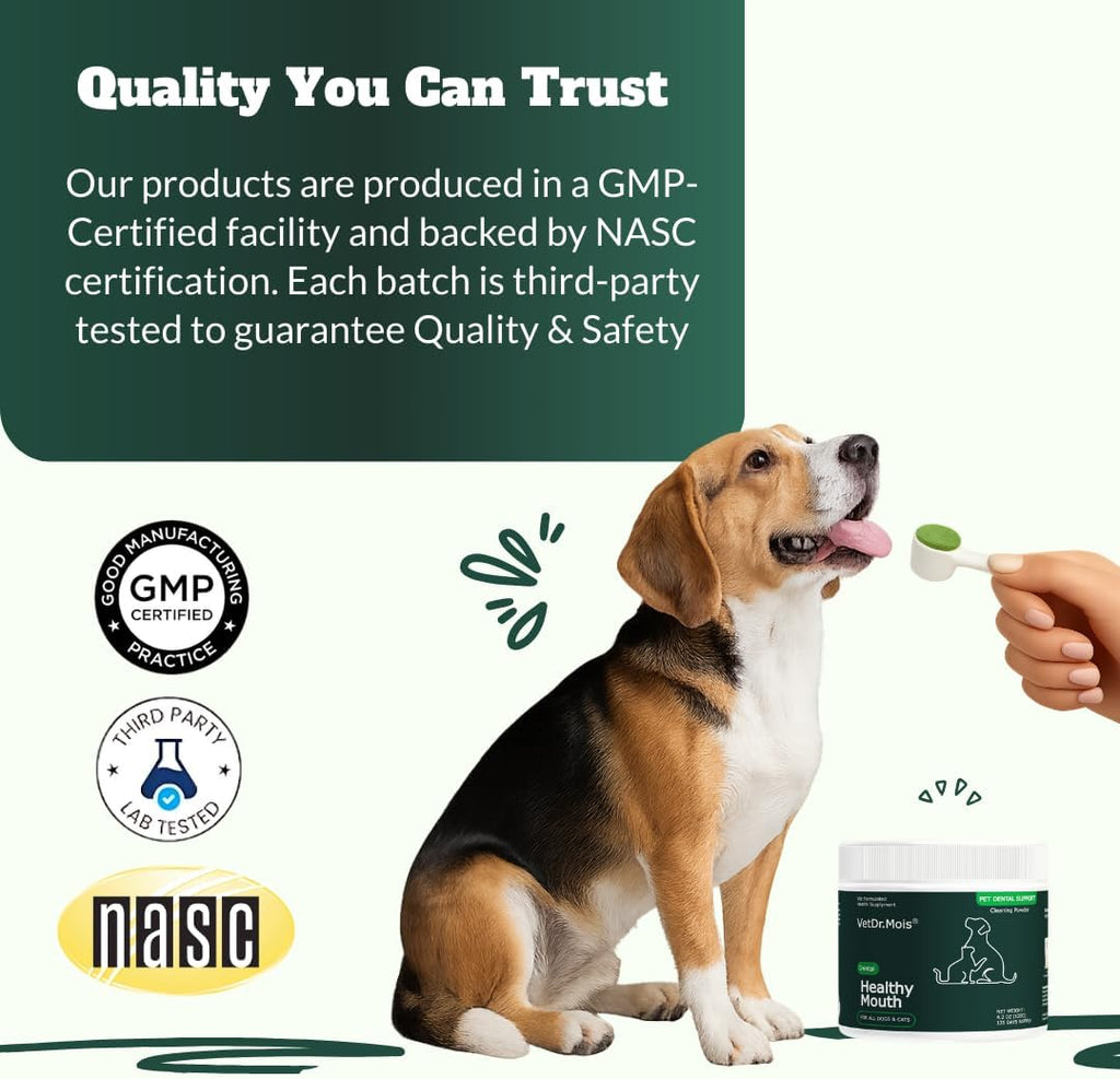 DRMOIS authentic USA imported dog dental care powder product display