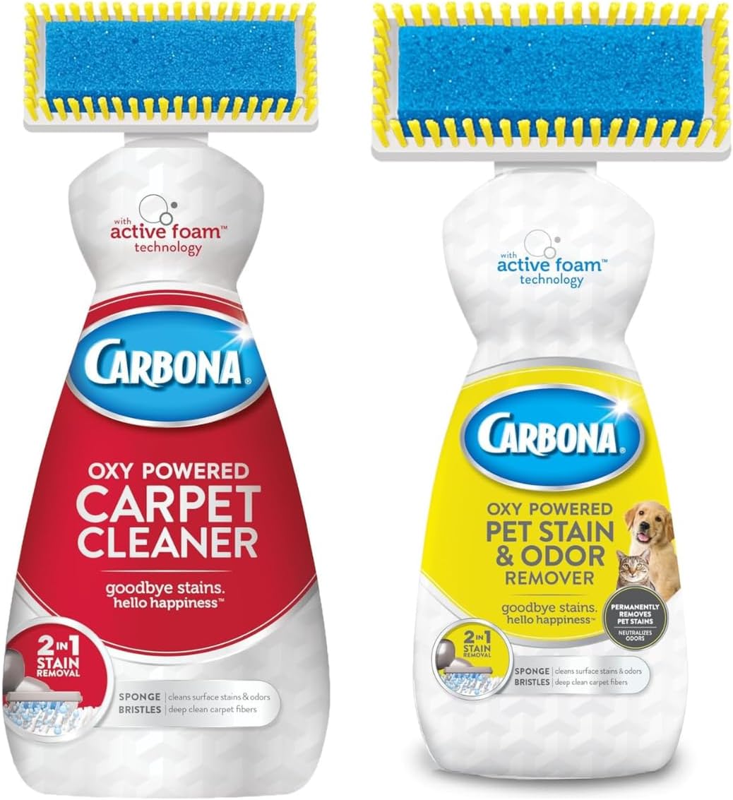 Carbona pet stain and odor remover bottle highlighting resoiling prevention feature